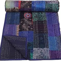 Handicraft Silk Kantha Quilt Kantha Bed Cover Handmade Kantha Bedspread Kantha Blanket Throw-010 (Twin, 60x90 Inches, Single Bed)-picture-14
