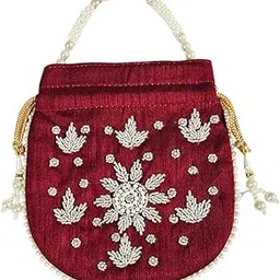 Elegant Handbag for Women, Maroon Silk with Pearl Beading, Embroidered Floral Design, Traditional Wedding Purse with Drawstring Closure-picture-40