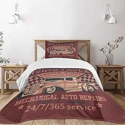 Lunarable Man Cave Bedspread, North Truck Mechanical Auto Repairs Custom Autos Vintage Advertising, Decorative Quilted 2 Piece Coverlet Set with Pillow Sham, Twin Size, Black Maroon-picture-53