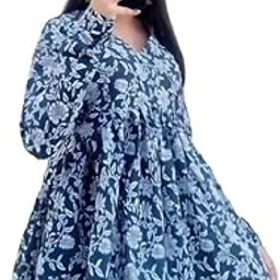 hbkart Casual Ethnic Blue Floral Pleated Short Kurti with Long Sleeves-picture-33