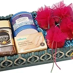 Ghasitaram Gifts Jaiccha Gifts for Sisters - Blue Wooden Tray of Coffee, Candle, Soap and 4 Cupcakes |Diwali,Holi,Valentine,Birthday,Anniversary,Gift for Her,Him,Mothers Day,Fathers Day|-image-37