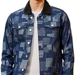 campus sutra Men's Denim Jacket | Point Collar, Long Cuffed Sleeves, Button Closure, Straight Hem | Geometric Woven Jacquard For Casual & Daily | Navy Blue-picture-13