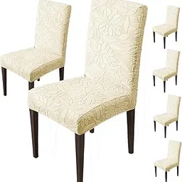 House of Quirk Stretchy Universal Camellia Jacquard Waterproof Chair Cover Removable & Washable Short Dining Chair Cover Protector Seat Slipcover (Beige,Pack of 6)-image-10