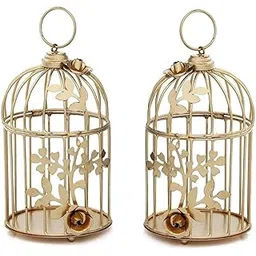 Famia Home Metal Bird Cage Tea Light Candle Holder Gold Color with Floral Vine Decorative Hanging Tea Light Diwali, Navratri Gifts for Home Décor (Pack of 2)-picture-38