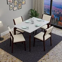MURALICRAFT Sheesham Wood 45" Dining Table 4 Seater | Marble Finish Four Seater Dinning Table Set with 4 Upholstered Dining Chairs | Table Top: Premium HDMR Wood, Chair: Curved Design, White & Walnut-image-47
