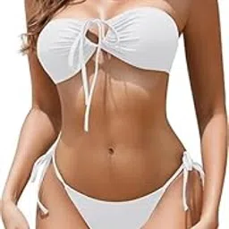 dream x fashion Women's Bandeau Bikini Sets O Ring Cinched Strapless Two Piece Swimsuit Tie Side Cheeky Bathing Suits-picture-30