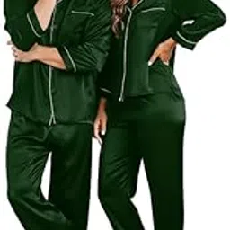 luxeliv Green Satin Loungewear Set for Men and Woman with Elastic Pyjama | Full Sleeve Sleepwear Dress for Couples | Soft and Comfortable Nightwear-picture-43