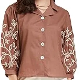 J TURRITOPSIS Women's Cotton Embroidered Shirt (340-02-XXL_Brown)-picture-27