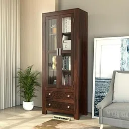 Trvientrix Handicraft Sheesham Wood Bookshelf with Glass Door for Home Library Solid Wood Bookcase Wooden Crockery Cabinet for Kitchen Book Shelf (Walnut)-picture-51