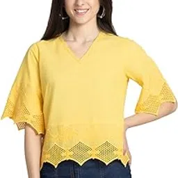 shaye V-Neck Yellow Solid 3/4 Sleeves Casual Tops for Women-picture-12