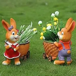Royal Fountain Garden Bunny Planter with Decorative Flower Cart, Orange Resin Rabbit Figurine, Easter Spring Outdoor Lawn Decor-image-2