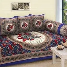 EcoDeco 100% Pure Cotton Jaipuri Diwan Set of 6 Pcs (1 Bedsheet, 2 Bolster Cover, 3 Cushion Cover) | Cotton Diwan Set for Drawing Room, Living Room and Bedroom (Blue-Elphnt)-image-83