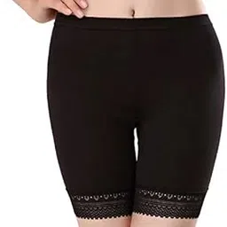 glamoras Women’s/Girl’s 4 Way Stretch Cotton Spandex High Waist Safety Pants/Cycling Shorts with Lace,Free Size,Black-picture-32