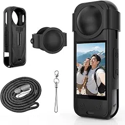 BKN Silicone Protective Case Compatible with Insta 360 X5, Soft Shockproof Anti-Scratch Full-Body Cover with Lens Cap, Charging Port Accessible, Action Camera Accessories (Black)-image-3
