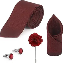 neuroclub Neuro Club Men's Solid Micro Self Silk Necktie Gift Set With Pocket Square Cufflinks & Brooch Pin - Formal Tie With Wooden Box - Free Size image 1