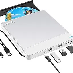 NOLYTH External CD DVD Drive: USB Burner for Laptop Mac PC MacBook Windows 11 - Portable Slim with SD/TF/2 USB Ports - Plug & Play High-Speed Read Write(Silver-White)-picture-19