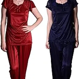 senslife Women's Satin Plain/Solid Top and Pyjama Set Pack of 2-picture-20