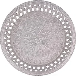 RVK Temple Needs German Silver Decorative Plate | 22.5 cm Round Wave Design | Antique Silver Polish Pooja Thali for Home Temple & Festive Décor (115.25 g) Pooja Plate Set of (6)-picture-28