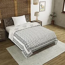 BLOCKS OF INDIA Cotton Single Size Quilt Hand Block Print for Light Winters (60X90 Inches) (Grey Tree, Lightweight), 300 TC-picture-12