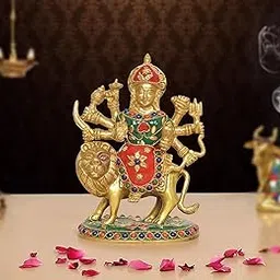 AONA Brass Durga Maa with Lion Statue Hindu Goddess Sherawali MATA Murti MATA Rani Statue Figurine Home Temple (Height: 6.5 Inch)-image-5