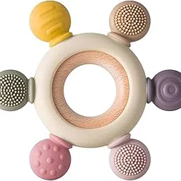 Baby Teething Toys Silicone Teethers BPA Free Wooden Ring – 2 in 1 Soft Silicone & Wood Infant Rattle Toy for Mouth Relief | Multi-Coloured Sensory Teething Ring for Newborns (3+ Months)-picture-17