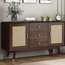 NAVYA FURNITURE Solid Sheesham Wood Sideboard Cabinet with Cane Rattan Doors – 3 Drawers & 2 Doors – Handmade Wooden Buffet Storage Unit for Living Room, Dining, or Entryway – Walnut Finish-picture-19
