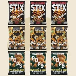 Millet Bank Snacks Combo | Chilli Stix, Garlic Puffs and Sour Cream and Onion Pops| Not Fried, No Maida | Smart Snacking for Adults and Kids | Tiffin and Travel Convenient | 9 x 20g packs-picture-30