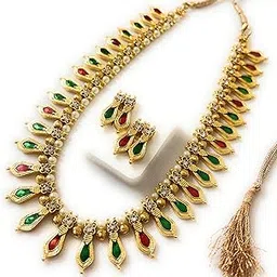 Najmcrafts Women's Kerala Traditional Palakka Necklace Set with Earring Studs, Kerala Ethnic Jewellary Set, Palakka Mala for Women & Girls (Pack of 1 Set) (Green,Red & Golden)-image-20