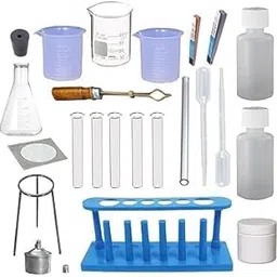 19-Piece Lab Glassware Kit – Includes 3 Borosilicate Beakers, 3 Conical Flasks, 6 Test Tubes, Stand & Holder, Rubber Corks, pH Papers, and Nitrile Gloves.-picture-51