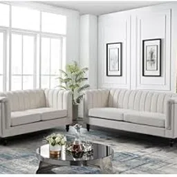 Modern Velvet Sofa Set, 3+2 Seater Channel Tufted, Living Room, Bedroom, Hallways, Guestroom Sofa Set (Beige)-image-11