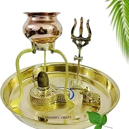 SHIVDEV CRAFT Narmadeshwar shivling with Copper Abhishek lota/Kalash Brass Shiv Lingam Stand Nandi trishul naag & Pooja thali Set Original narmada River Stone Shiva Lingam jalabhishek Set-image-29
