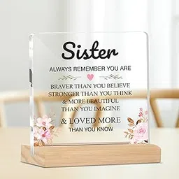 Giftplease Acrylic Sign Sister You are stronger Plaque With Wood Stand | Rakshabandhan Rakhi Gift | Gift for sister Home Office Desk Decor | (4 X 4 Inches) MP_62 image 1