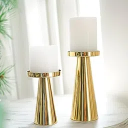 Behoma Handcrafted Solid Large Metal Pillar Candle Holders | Table Centerpieces Coffee Tables or Fireplace Mantels | Candles Stand for Diwali Home Decor Gift Valentine's Day | Colour Golden Set of 2-picture-11