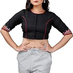 jalpaibon Round Neck Cotton Women Short Sleeve Blouse in Black-JALPBL-24-02-136||Readymade Blouse for Women ||JALPBL-24-02-136-picture-33