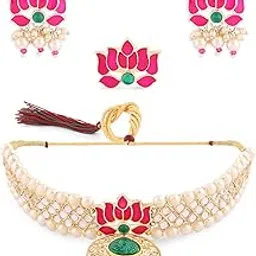 zaveri pearls Pink Green Meenakari Lotus Kundan Choker Necklace Earring & Ring Set For Women-ZPFK15844-picture-30