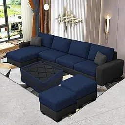 FURNY - Arvon 8 Seater Fabric LHS Sectional L Shape Sofa Set with 1 Centre Table & 2 Puffy (Blue-Dark Grey)-picture-12