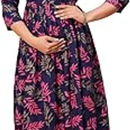 MFF Fabrics Women's Cotton Maternity Gown | Navy Blue Feeding Dress with Side Zips | 46 Inch Length | Soft & Stretchable | Baby Shower-picture-18