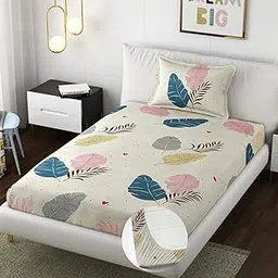 Vaini Premium Heavy Cotton Elastic Single Fitted Bedsheets with 1 King Size Pillow Covers || Single Bed with All Around Elastic 350 TC || 36 x 78 x 6 Inch Single Size Fitted || - Colorfull Wings-image-59