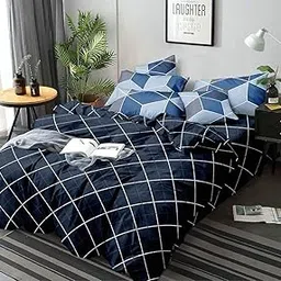 FRESH FROM LOOM Summer Collection Super Soft Glace Cotton King Size AC Comforter/Blanket/Duvet for Double Bed with 1 Flat Bedsheet and 2 Large Pillow Covers - 4 Piece Comforter Set - Blue White Lines-image-1