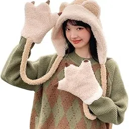richmen Women Winter Hat Scarf with Gloves Set for Girls Cute Fur Woolen Warm Hooded Bear Design Beanie Cap-picture-10