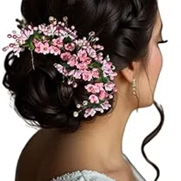 Floral Bridal Hair Accessories for Women – Handmade Hair Clip for Juda Bun | Elegant Hair Ornament for Wedding, Mehendi, Festive (Baby Pink)-picture-36