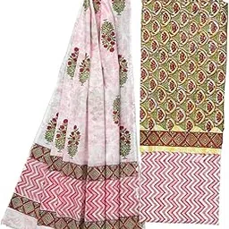 penkraft Qyaari Hand Block Printed Pink & Green Cotton Dress Material with Floral & Geometric Designs and Dupatta-picture-19