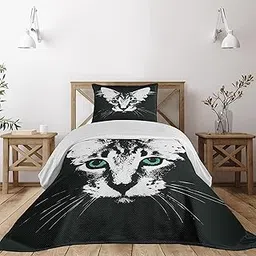 Lunarable Cat Coverlet, Digital Murky Kitten Portrait on Dark Background Mystic Animal Charm Creature Image, 2 Piece Decorative Quilted Bedspread Set with 1 Pillow Sham, Twin Size, Grey Black-picture-42