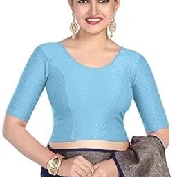 Round Neck Dobby Cotton Lycra Stretchable Elbow Sleeve Readymade Saree Blouse for Women Stylish-image-1