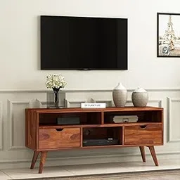 DR FURNITURE Wooden Tv Unit 2 Drawer 3 Shelves for Living Room | Solid Wood Round Legs Support Stylish Tv Entertainment Unit Pure (Honey Finish) image 1