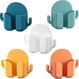 Wall Mounted Phone Holder with 2 Hooks, Charging Stand Self Adhesive with Charging Hole, Compatible with All Smartphone Phone Cradle Bedside Organizer Remote Control Stand for Home Office (2)-picture-56