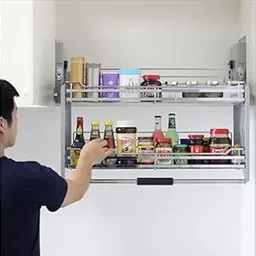 Stainless Steel Modular Kitchen Storage Rack Lift Basket Elevator Pull Down Two Tier Shelf Unit For Cabinet Width 90 Cm (Silver) Imported (Width 900 Mm)-picture-12