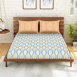 SPACES Atrium Plus 100% Cotton Queen Double Fitted Bedsheet | Soft Feel Skin Safe Breathable | 210 TC Light Blue Bed Sheet with Elastic and with 2 Pillow Covers | Size: 224 Cm X 274 Cm/43 Cm X 68 Cm-image-27