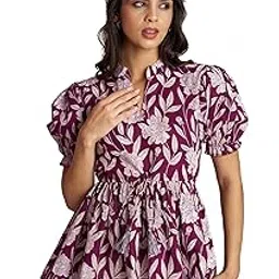 berry bird Floral Print Mandarin Collar Puff Sleeve Cotton Peplum Top-picture-30
