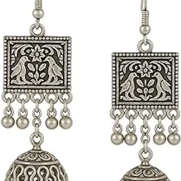 Oxidised Silver Jhumka Earrings, Traditional Indian Design with Dome Shape and Beaded Drops, Antique Finish-picture-20